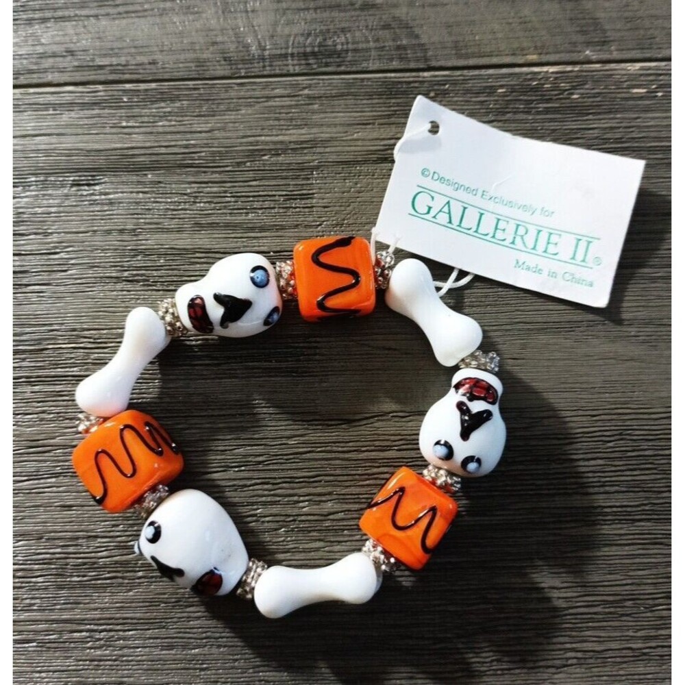 Gallerie II Halloween White Skull And Bones Orange Glass Bracelet New